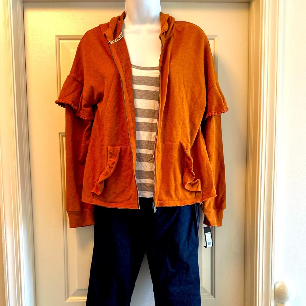 NWT: Orange hooded full zip sweatshirt with pockets